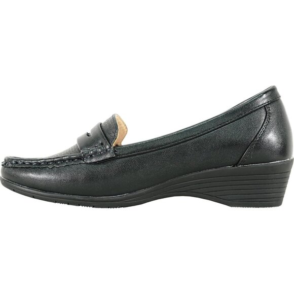 Women Black 3 Faux Leather Round Toe Removable Insole Wedge Slip-On Penny Loafer - Picture 6 of 8